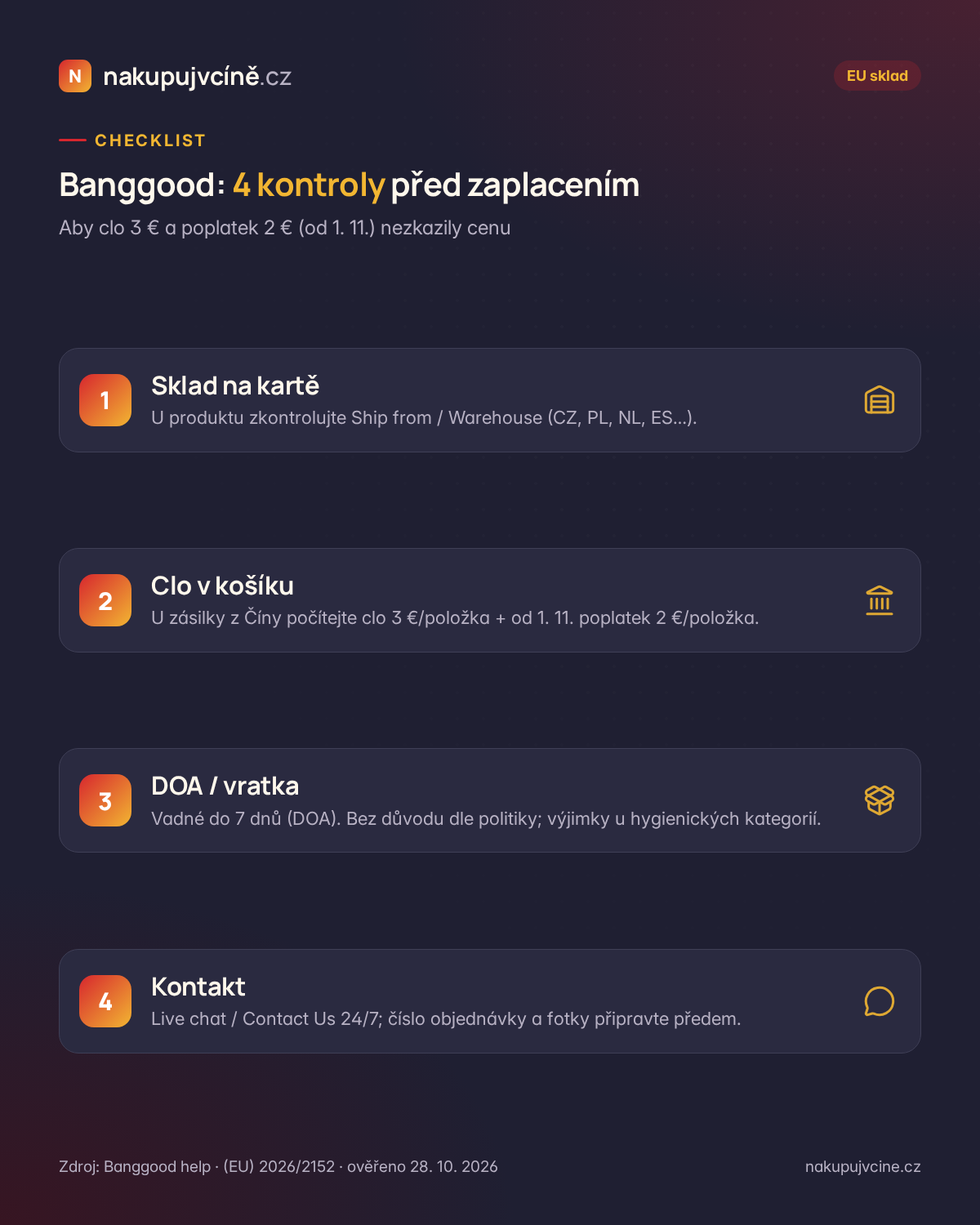 Checklist 4 kontrol před nákupem na Banggood: sklad, clo, DOA, kontakt