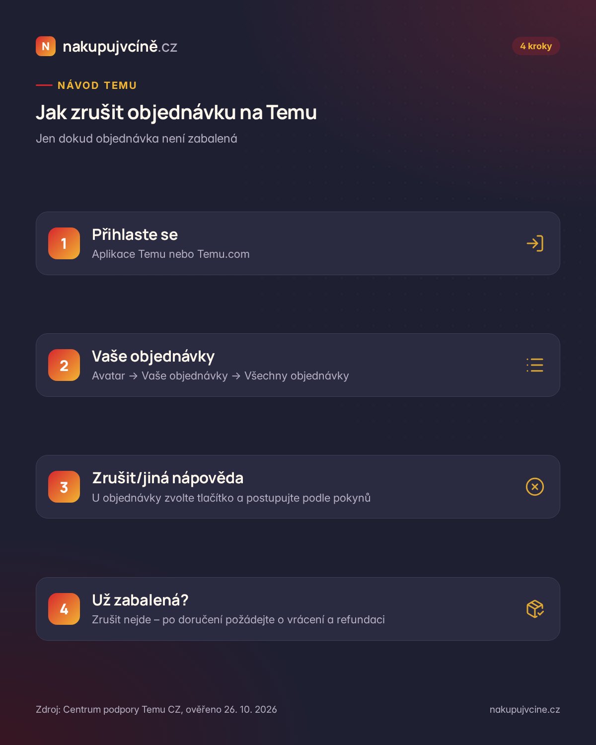 Postup ve čtyřech krocích, jak zrušit objednávku na Temu před zabalením